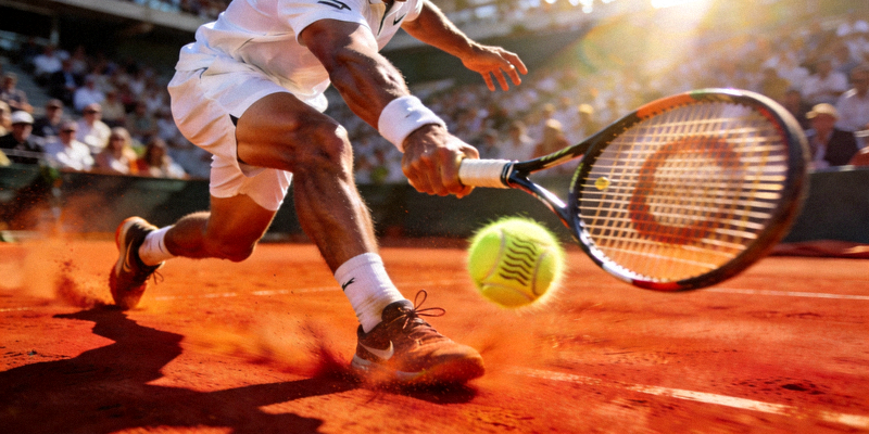 网球运动员在红土场上挥拍击球